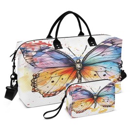 Butterfly Travel Duffle Gym Bag, Butterfly Watercolor Print Weekender for Women with Toiletry Bag Travel