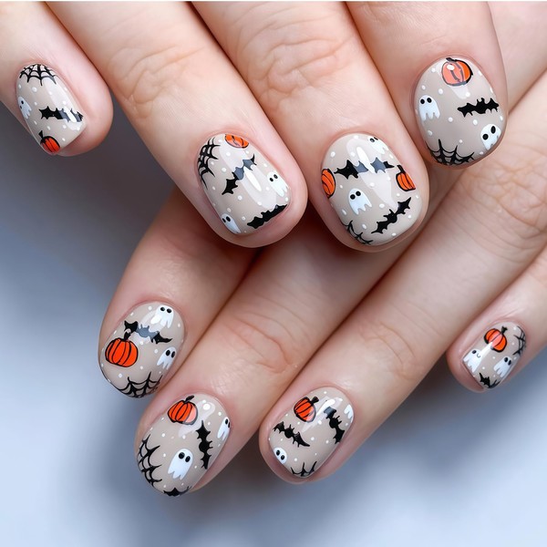 Halloween Press on Nails Short Oval Fake Nails with Spider