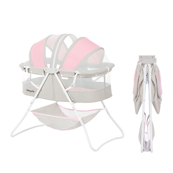 Dream On Me Karley Bassinet in Grey and Pink, Lightweight Portable Baby Bassinet, Quick Fold and Easy to Carry , Adjustable Double Canopy, Indoor and Outdoor Bassinet with Large Storage Basket.