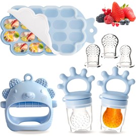 Guante de Dentición de Silicona para Bebés, Chupon para Frutas con Bolsa de Comida Reemplazable, Bandejas Congeladoras para Comida de Bebé, Sin BPA, Chupete Complementario para Bebé 0 a 6 Meses (Azul)