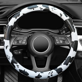 Cow Print Steering Wheel Cover, Universal 15 inch Breathable Microfiber Leather Car Steering Wheel Cover for Women Men, Anti-Slip, Black&White