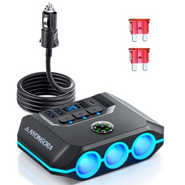 Anyongora 7 in 1 Cigarette Lighter Splitter, 120W 12V/24V Car Charger Adapter, 3 Sockets & Independent Switches, 4 USB Ports (3 USB-A + 1 USB-C), 3.3ft Extension Cord, LED Voltage Display