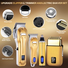 Roziapro Professional Hair Clippers for Men Zero Gapped T-Blade Trimmer Cordless Nose Hair Trimmer Electric Foil Shaver Rechargeable Hair Grooming Set with LED Display (Gold)