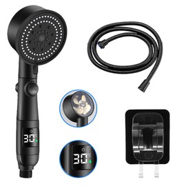 Shower Head, Water-Saving with Temperature Display, with Shower Holder and 1.5 m Hose, 5-Mode Shower Head, Punch-Free, Hand Shower, Water-Saving Shower Head with Pressure Increase