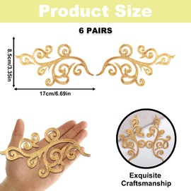 6 Pairs Baroque Swirl Applique Iron on Patches, Gold Embroidered Appliques, Scroll Badge Sew on Iron on Decorative Embroidery Patch for Clothes Wedding Gown Dress Shirt Hats Bags DIY Sewing Crafts