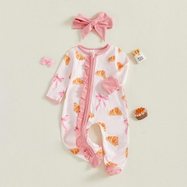 Newborn Baby Girl footed Romper Infant Croissant Bow Print Zip Up Bodysuit Headband Fall Clothes (Pink, Newborn)