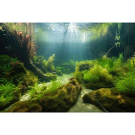 Underwater Aquarium Background Underwater Aquatic Plants with Sunbeams Fish Tank Background Rock with Lush Moss Terrarium Background Aquarium Backdrop For Tank Decorations Poster Vinyl 24x16in