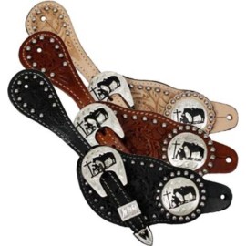 Showman Ladies size LEATHER SPUR STRAPS w/ PRAYING COWBOY CONCHOS light medium black - Light oil