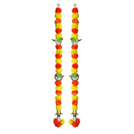 Aditri Creation Set of 2 Yellow & Orange Marigold Flower & Parrot String Wall Hanging Decoration for Home Door Wall Temple for Indian Wedding Festivities Gifting (Size:- 24" / 2 Feet)