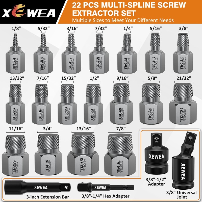 XEWEA 22PCS 3/8" Drive Screw Extractor Set, Bolt Remover Kit