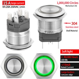 22mm Push Button Switch 15A 110V/120V Latching 2NO DPST Angel Eye LED Stainless Steel Round Self-Locking 7/8'' with Wire Socket