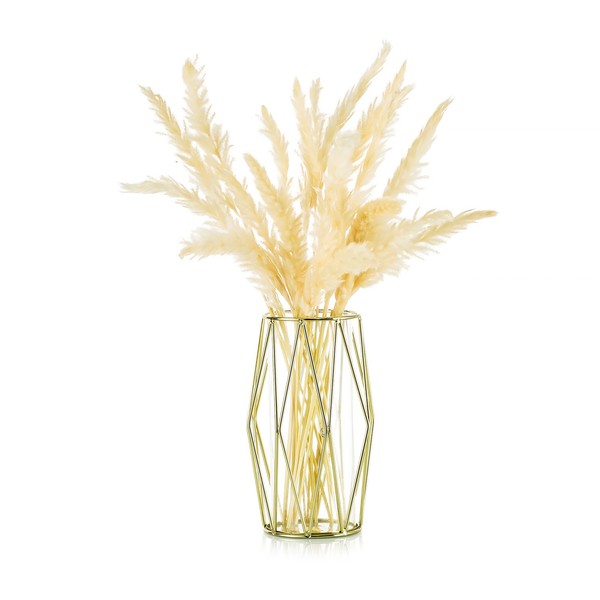 Glass Vase for Flowers Gold, Modern Small Vases for Pampas Grass with Geometric Metal Rack for Artificial Flowers Living Room Dining Table Decoration Wedding Centrepiece Ornaments, 21.5cm Height