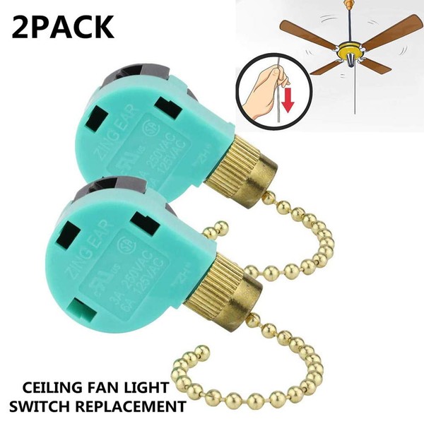 ZE-268S6 Ceiling Fan Switch, 3 Speed 4 Wire Pull Chain Switch Control Switch Compatible with Hunter Ceiling Fans, Wall Lamps (2 Pack, Brass)