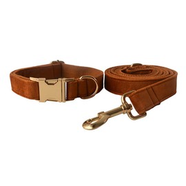 Dog Collar and Leash Set，Soft & Comfy Velvet Dog Collar and Leash with Heavy Duty Metal Buckle and D-Ring Adjustable Collars for Small Medium Large Dogs(Collar+Leash L Neck 12.99"-20.47", Bronze)