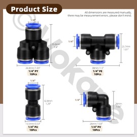 Wokape 40Pcs Push to Connect Fittings Pneumatic Fittings Kit 4 Style PE PU PY PV 1/4 Inch Quick Connect Air Hose Fittings Quick Release Pneumatic Push, 10 Spliters+10 Elbows+10 Tee+10 Straight