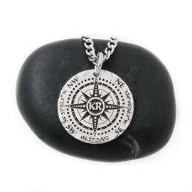 Silver Compass Necklace, Engraved into a Hammered Silver Coin, with a Date, GPS Coordinates, and Initials, By NameCoins