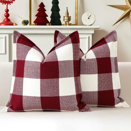 Sungeek Set of 2 Buffalo Plaid Tartan Cushion Covers, Decorative Cushion Covers, Christmas Checked Cushion Cover, Decorative Cushion Cover for Sofa, Bedroom, Living Room, 50 x 50 cm (White + Red)