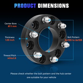 Youxmoto 4PCS 6x135 to 6x135 1.25inch Wheel Spacers with M14x1.5 Studs Fit for Ford F150 Expedition Lobo 2015-2023, Lincoln Navigator 2015-2023, 87.1mm Hub Bore Wheel Adapters