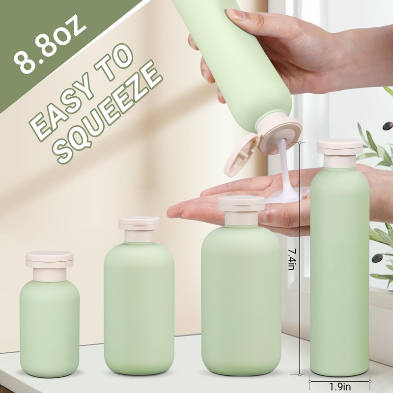 ASEVAT 8.8oz 4Pcs Green Plastic Refillable Travel Shampoo and Conditioner