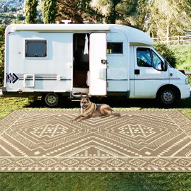 Outdoor Rug for Patio 8x10 Reversible Plastic Straw Mat Waterproof Outside Floor Carpet for RV Camping Porch Deck Pool Backyard Beach Trailer Tent Decor, Light Beige&Brown