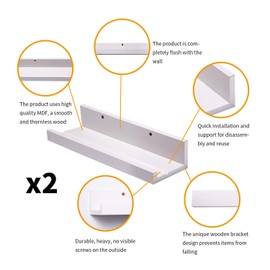 Muzilife Floating Picture Ledge Display Shelves Decorative Wall Mounted Storage Shelf Home Decor Set of 2 for Bedroom, Bathroom, Living Room, Kitchen (12 Inches Length, White)