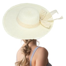 7VSTOHS Women's Sun Hat Floppy Foldable Bowknot Large Wide Brim Straw Hat Adjustable Summer Beach Cap UV Protection UPF50+ White