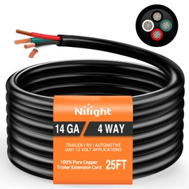 Nilight 25 Feet 4 Way Trailer Wire Extension Cable 14 Gauge 4 Conductor 100% Pure Copper Insulated Heavy Duty Wire Weatherproof for 4 Pin Blade RV Trailer Automotive
