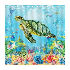 Juirnost Sea Turtle Shower Curtain Ocean Shower Curtain for Bathroom Underwater Seashell Tropical Marine Animal Nautical Beach Shower Curtain Bathtub Decor with 12 Hooks Washable Fabric 72"x72"
