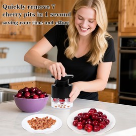 JMBTLUS Cherry Pitter, 7-Hole Long Plunger Push Button Cherry Core Remover Tool with Splatter Protector, Quickly Pitting Cherries for Making Jam, Pies (Black)