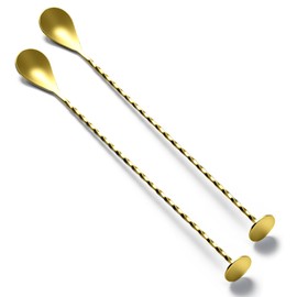 BRIOUT 2 Pcs Bar Spoon, 12 Inches Long Handle Drink Stirrer, Stainless Steel Bar Cocktail Mixing Spoons with Round Base for Stirring, Gold