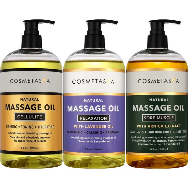 Cosmetasa Massage Oil Trio Mother's Day Gift Set-Cellulite, Sore Muscle, Lavender, Relaxation Massage Oils