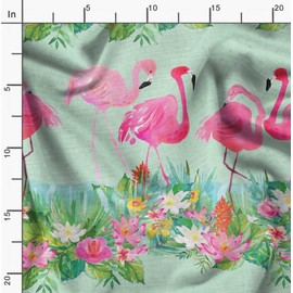 Soimoi Green Silk Fabric Lotus & Flamingo Bird Printed Fabric 1 Yard 42 Inch Wide