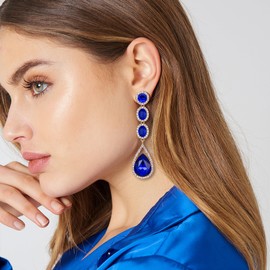 Flyonce Women's Wedding Fashion Jewelry Crystal Long Teardrop Dangle Chandelier Pierced Earrings Blue Gold-Tone