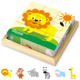 Japace Wooden Jigsaw Puzzles for Toddlers, 6 In 1 Animal Puzzle 3D Wooden Cube Block Toys Montessori Educational Games for Kids 1 2 3 4 Years Old Birthday for Boys and Girls (Small)