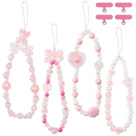 ZAGQIG 4 Pcs Butterfly Bow Cute Knot Beaded Phone Charm Cute Phone Lanyard Wrist Strap Keychain Flower Lanyard Pearl Wrist Strap