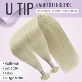 Fshine Blonde Fusion Hair Extension Human Hair 22 Inch U Tip Human Hair Extension Color 60 Platinum Blonde Hair Extensions Keratin Bond Hair Extensions 1g/Strand 50g/Pack