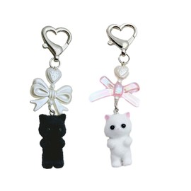VARKAGE Pack of 2 Cute Y2K Cat Keyrings, Plush Cat Key Ring with Heart and Bow, Key Ring Cat, black