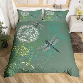 Dragonfly Duvet Cover Set Queen Size,Dandelion Floral Bedding Set 3Pcs for Kids Girls Teens Women Bedroom Decor Nature Animals Botanical Comforter Cover Vintage Green Quilt Cover,2 Pillowcases