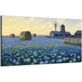 ARTZON Blue Farmhouse Wall Art – Rustic Countryside Blue Flower Meadow Landscape Farm Prints Artwork Windmill Vast Field Extra Large Picture for Kitchen, Living Room, 58x29 Inch