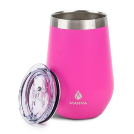 Manna Double Wall Insulated Stainless Steel Stemless Wine Cup Tumbler with Splash-Proof Sliding Lid - 12 Oz - Fuchsia