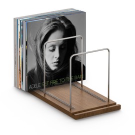 KORRTFID Vinyl Record Stand, Record Collection Holder, Solid Walnut Record Organizer with Now Playing Record Stand, Vinyl Holder for Record Display, Storage Over 70 Albums with Anti-scratch Pads