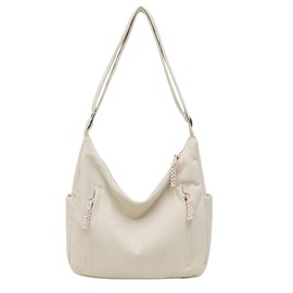 Jiliyote Cord Shoulder Bag Women's Shoulder Bag with Zip, Cord Bag Women's Large Shoulder Bag Cord Bag Bag for Girls School University Shopping Office, E-beige.