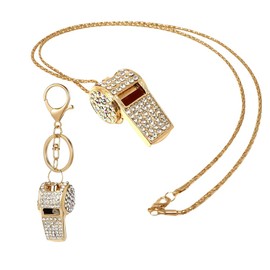TOEECY Whistle 2 Piece Whistle with Keyring and Necklace Set Referee Whistle Metal Whistle Rhinestone Whistle Loud Emergency Accessories for Referee Trainer Teacher (Gold)