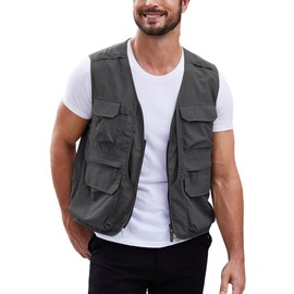 Gihuo Men's Utility Fishing Vest Lightweight Outdoor Work Safari Travel Cargo Vest with Multi-Pockets (US, Alpha, Large, Regular, Regular, Grey)