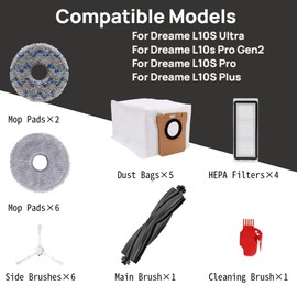 25Pcs Replacement Parts for Dreame L10S Ultra/L10s Pro Gen2/L10S Pro/L10S Plus Vacuum Cleaner Accessories Kit,1 Main Brush,4 HEPA Filters,8 Mop Pads,5 Dust Bags,6 Side Brushes，1 Cleaning Brush