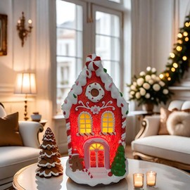 QZVANLON Christmas Decoration Statue White Snow Capped Red House Outdoor Sculpture Figurine Lighted Home Decor Lawn Yard Patio Porch Housewarming Ornament Gift