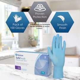 Medicom Safe Touch Nitrile Gloves - 100 Count - Medium - Blue Gloves, Work Gloves - Multipurpose Powder Free Gloves