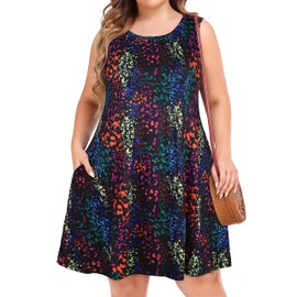 elescat Plus Size Summer Dresses Women Casual Sleeveless Sundress Beach Flowy Swing Coverup Dress with Pockets (Black Colorful Printing, 5XL)