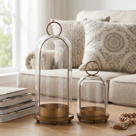 Ganwu Metal Candle Holder with Handmade Glass Dome in Brass, 5" & 4" Wide Versatile Hurricane Glass Candle Holders Set of 2, for Pillar Candles & Plants (Brass)
