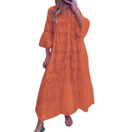 utcoco Womens Lace Embroidered Eyelet Maxi Dresses 3/4 Trumpet Sleeve Button V Neck Flowy Swing Hem Tiered A Line Dress (Small, Orange)